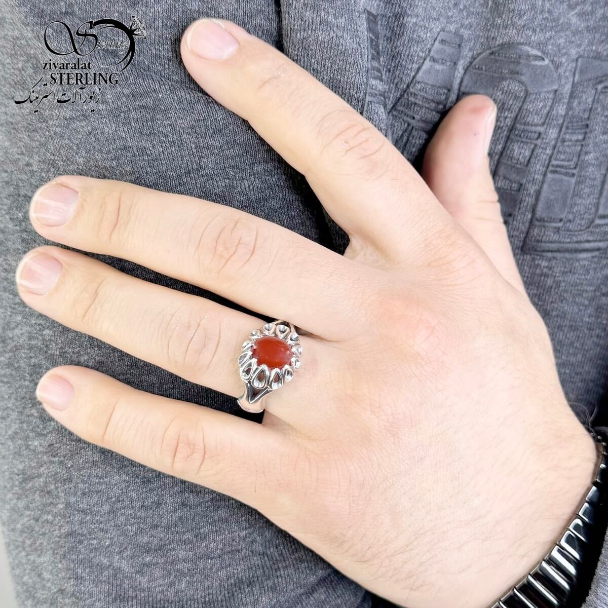 انگشتر نقره مردانه با سنگ عقیق اصل کد 4659