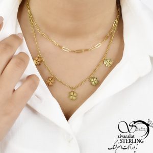 گردنبند استیل دولاین طلایی گل شبدر