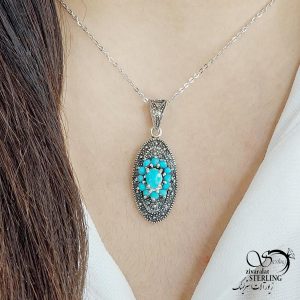 گردنبند نقره سیاه قلم با سنگ فیروزه کد 12343