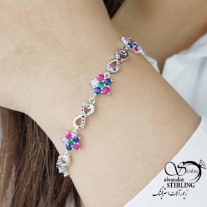 دستبند نقره گل و بینهایت نگین رنگی کد 15500