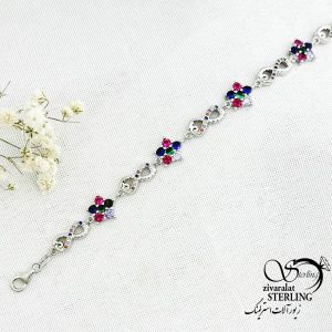 دستبند نقره گل و بینهایت نگین رنگی کد 15500