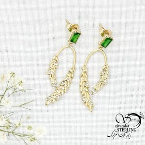 گوشواره ژوپینگ نگین سبز طرح برگ کد 15539