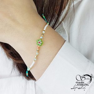 دستبند آسانسوری گل دار با مهره سبز کد 16507