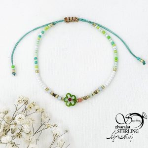 دستبند آسانسوری گل دار با مهره سبز کد 16507