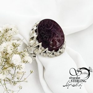 انگشتر نقره ایتالیایی سنگ عقیق ذکر علی کد 16909