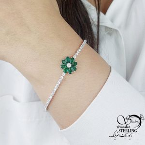 دستبند نقره گل جواهری طرح زمرد کد 17825
