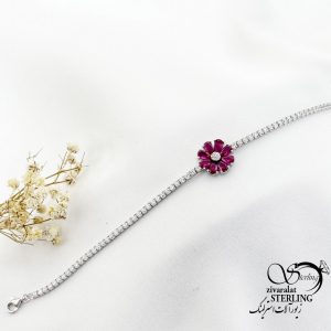 دستبند نقره گل جواهری طرح یاقوت سرخ کد 17827