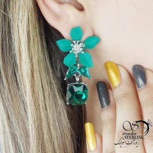 گوشواره گل جواهری سبز نگین الماسی کد 18392