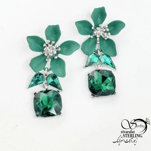 گوشواره گل جواهری سبز نگین الماسی کد 18392