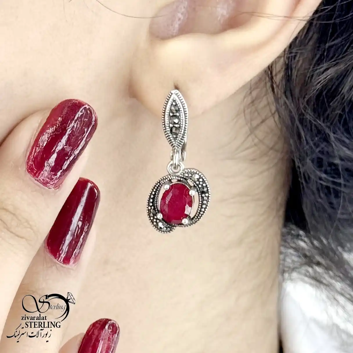گوشواره نقره سیاه قلم با سنگ عقیق کد 20716
