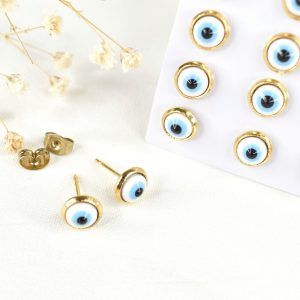 گوشواره برند استیل چشم نظر آبی روشن کد 7975