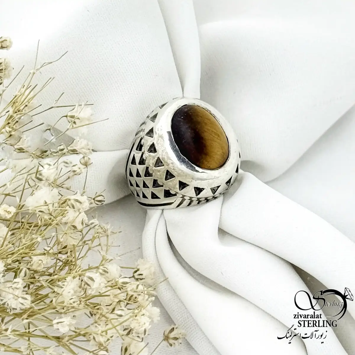 انگشتر مردانه 925عیار نقره با سنگ چشم ببر کد 21396