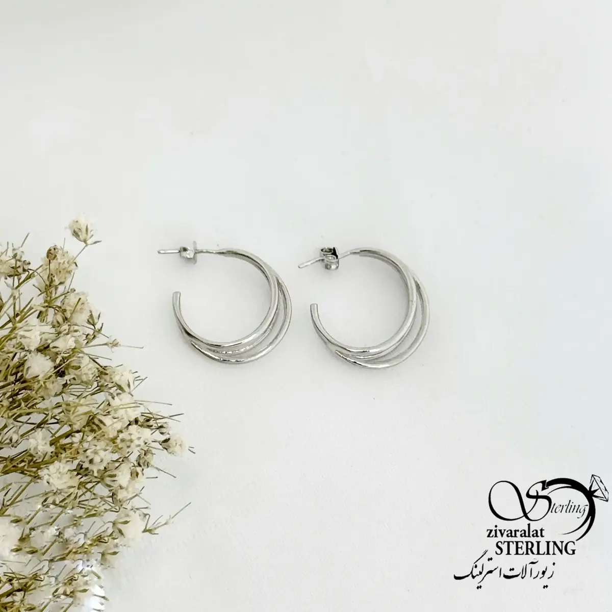 گوشواره 925 عیار مدل حلقه چند لاین کد 21513