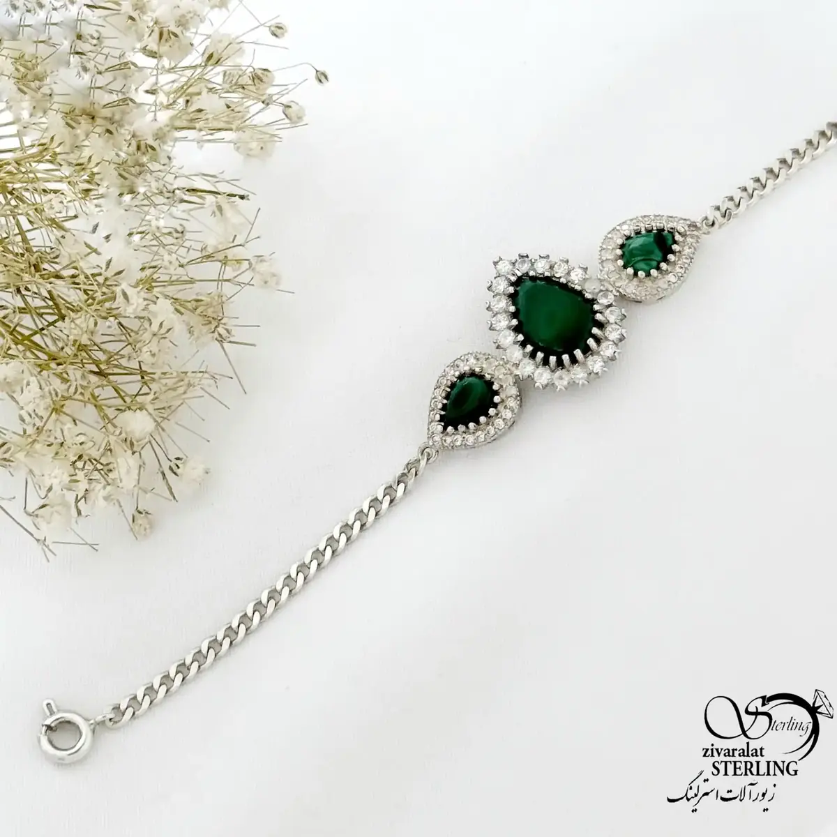دستبند نقره طرح اشکی با سنگ مالاکیت ساخت ایتالیا کد 21569