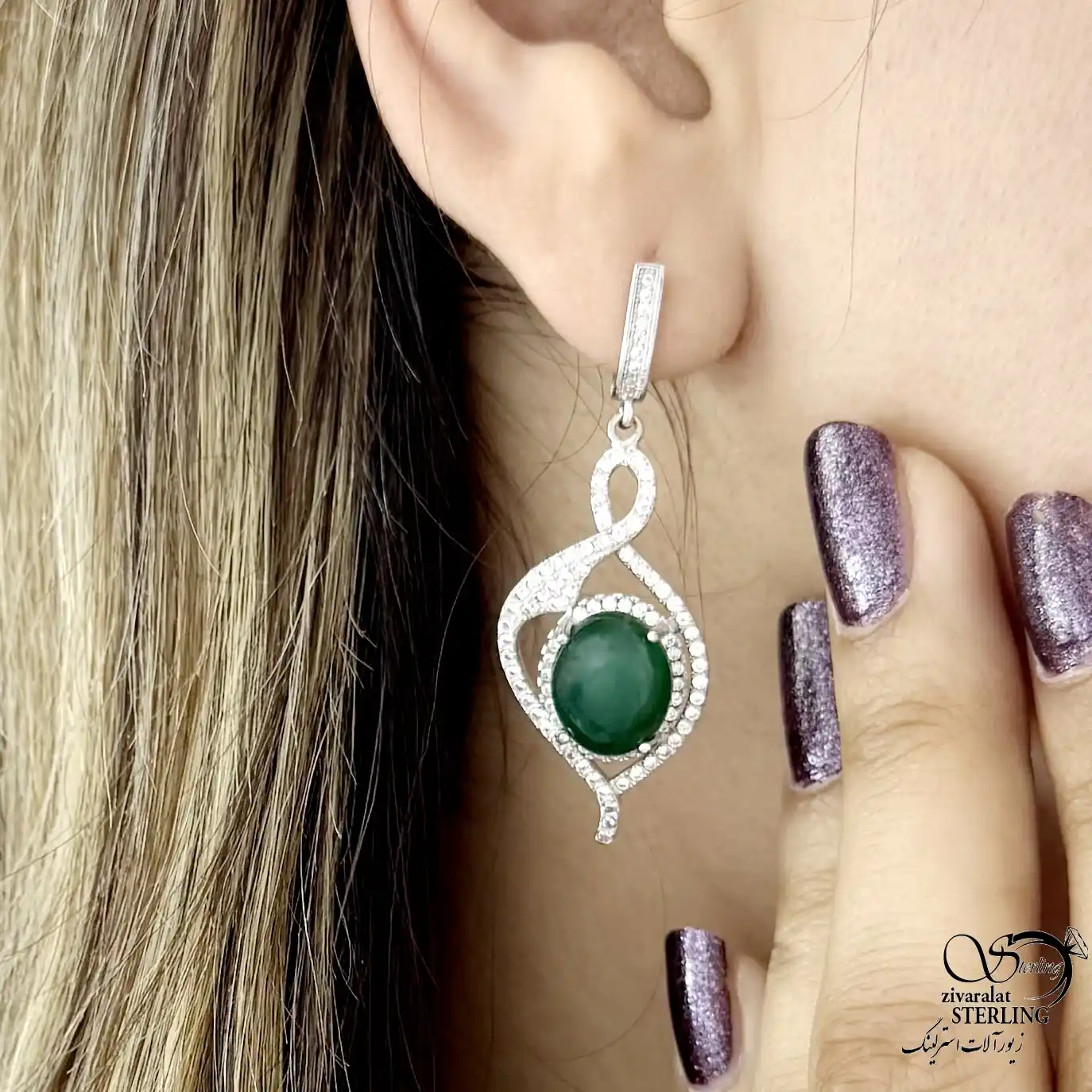 گوشواره آویز نگین سبز جواهری نقره ایتالیا کد 21580