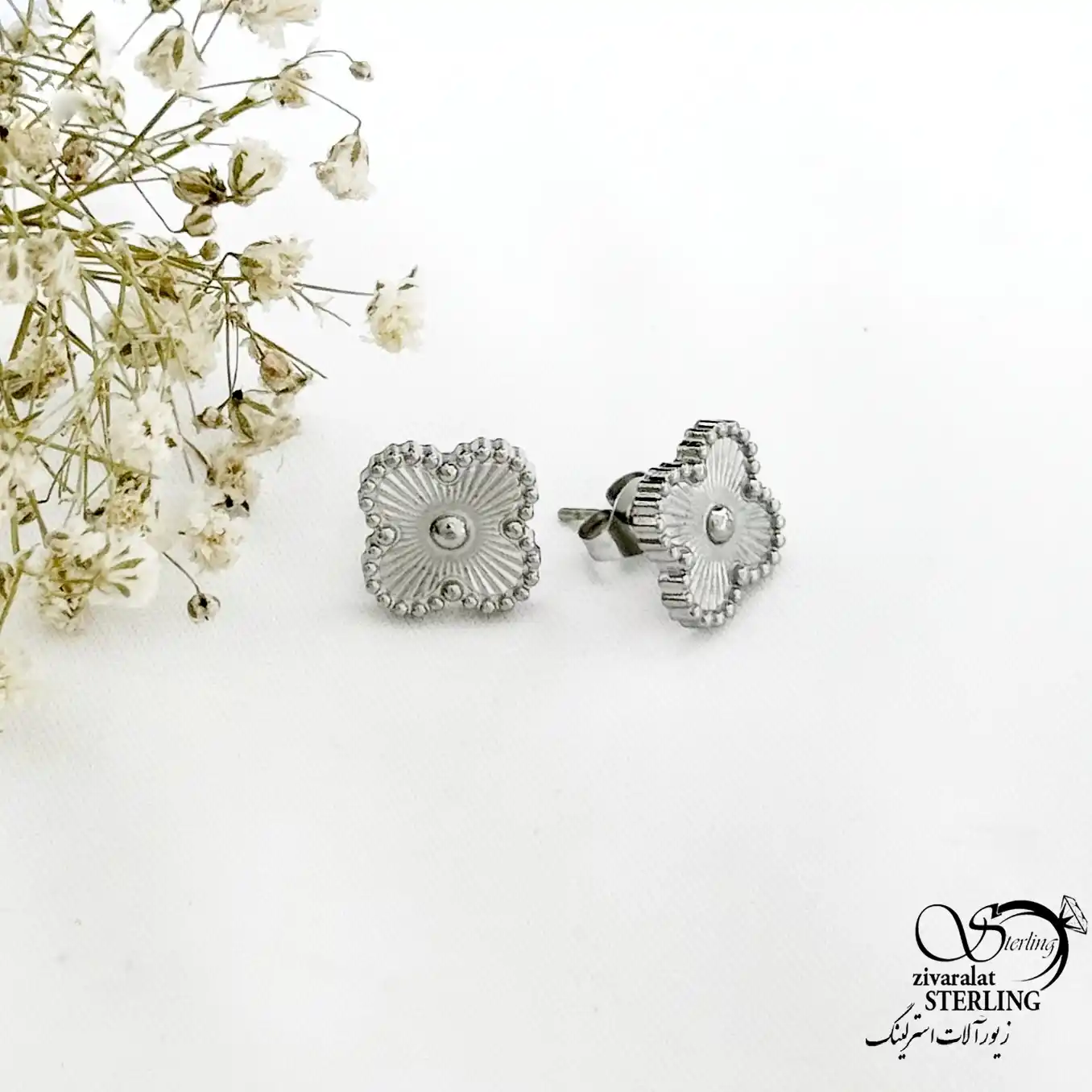 گوشواره میخی ونکلیف سفید استیل کد 21694