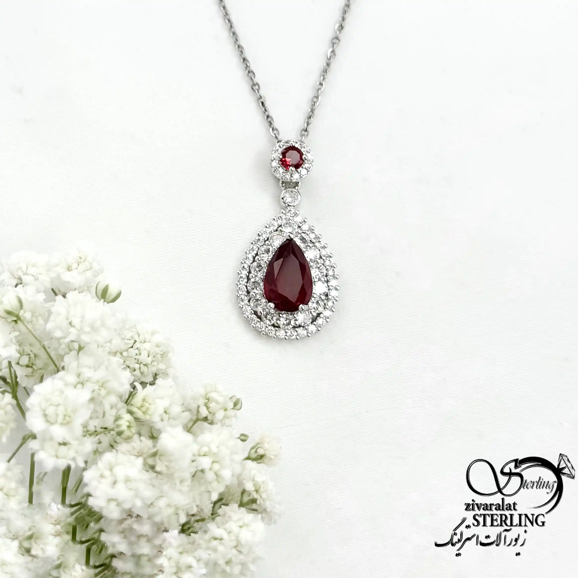 گردنبند نگین قرمز طرح اشکی جواهری کد 22176 گردنبند نگین قرمز طرح اشکی جواهری کد 22176