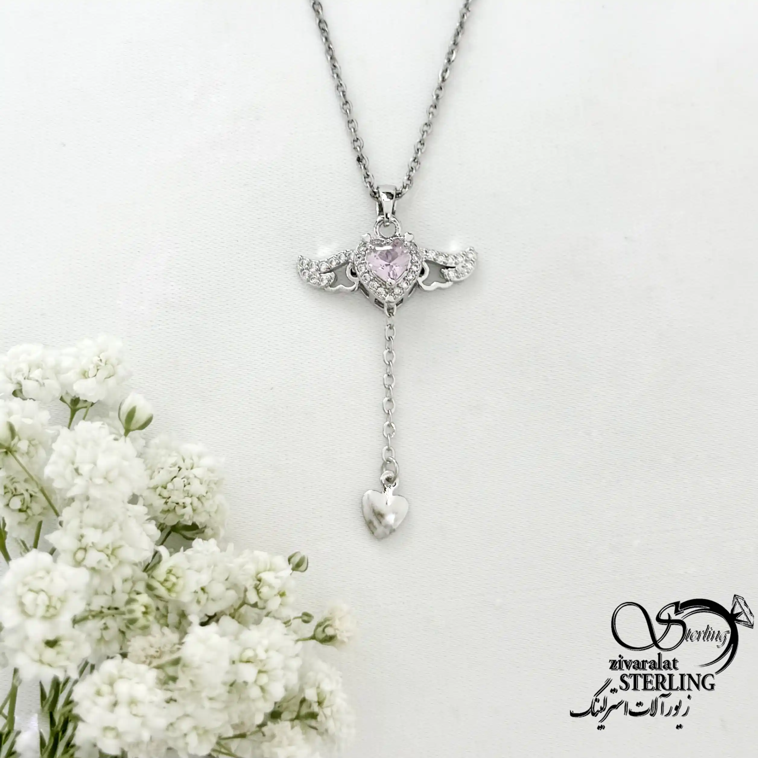 گردنبند قلبی آویز دار با نگین صورتی کد 22183