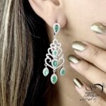 گوشواره نقره آویز جواهری با سنگ آیس کات سبز کد 22402