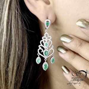گوشواره نقره آویز جواهری با سنگ آیس کات سبز کد 22402