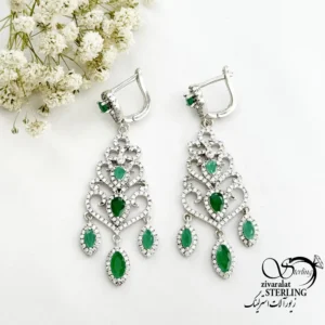گوشواره نقره آویز جواهری با سنگ آیس کات سبز کد 22402