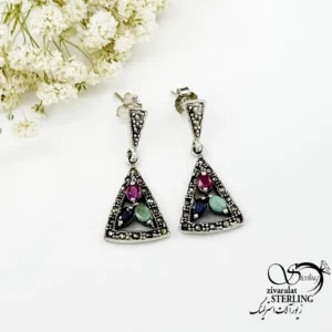 گوشواره نقره آویز مثلثی سیاه قلم با سنگ(زمرد، یاقوت سرخ و کبود) کد 22404